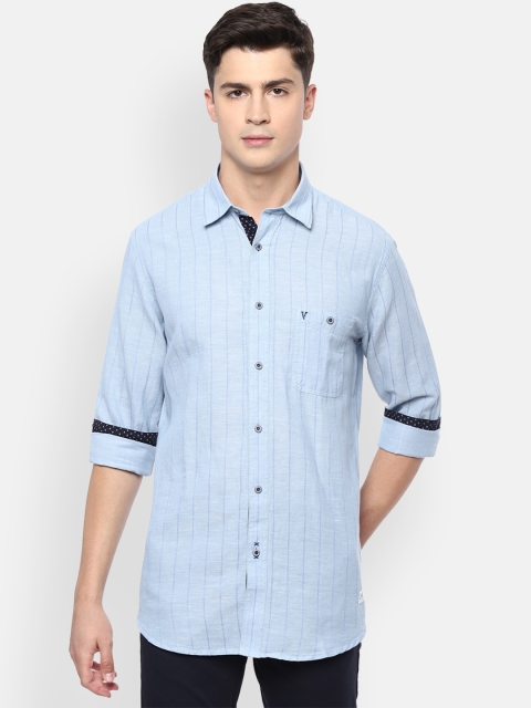

VAN HEUSEN DENIM LABS Men Blue Slim Fit Opaque Striped Pure Cotton Casual Shirt