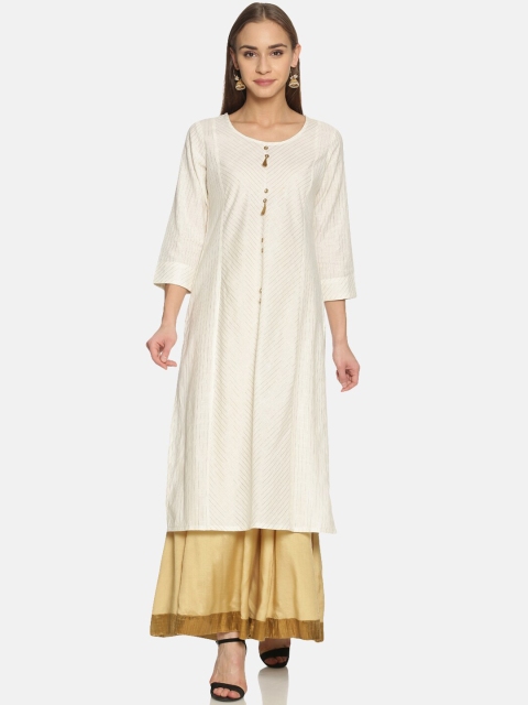 

Saffron Threads Women White & Gold-Toned Striped Pure Cotton Kurta