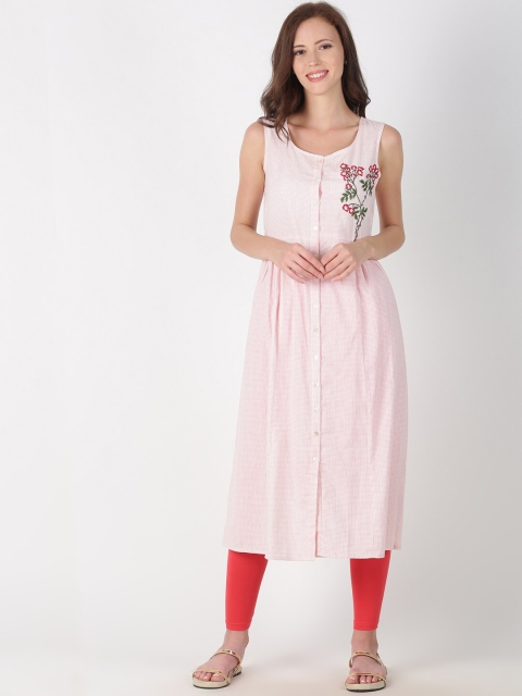 

Saffron Threads Women Pink Checked Pure Cotton Kurta with Embroidered Detail