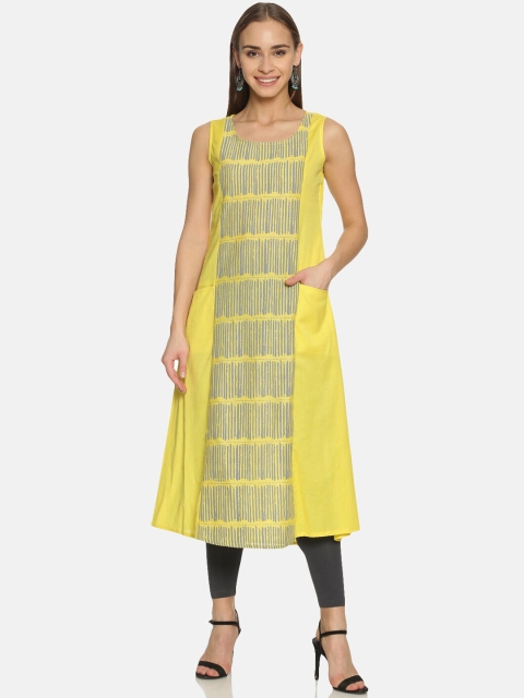 

Saffron Threads Women Yellow & Grey Striped Pure Cotton Kurta