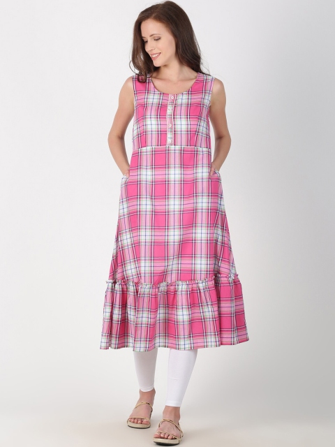 

Saffron Threads Women Pink & White Checked Tiered Pure Cotton Kurta