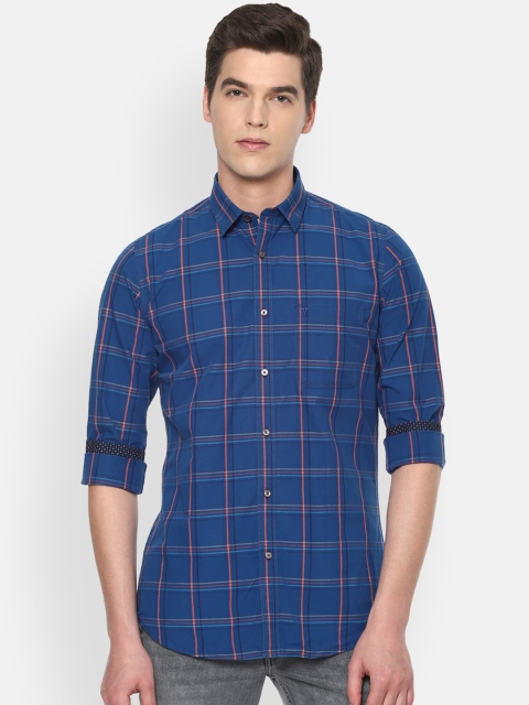 

Van Heusen Sport Men Blue Slim Fit Windowpane Checks Opaque Pure Cotton Casual Shirt