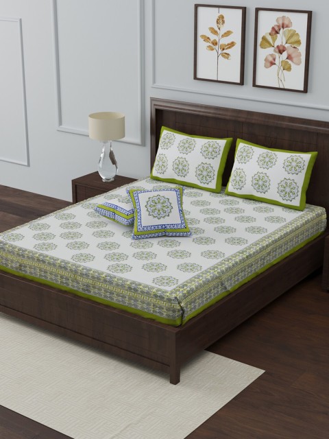 

Gulaab Jaipur White & Green Printed 350 TC King Bedsheet with 2 Pillow & 2 Cushion Covers