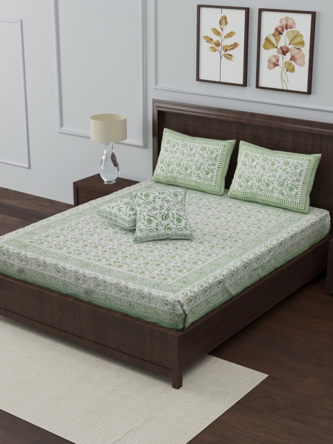 

Gulaab Jaipur White & Green Floral 350 TC King Bedsheet with 4 Pillow & Cushion Covers & 2 Cushion Covers