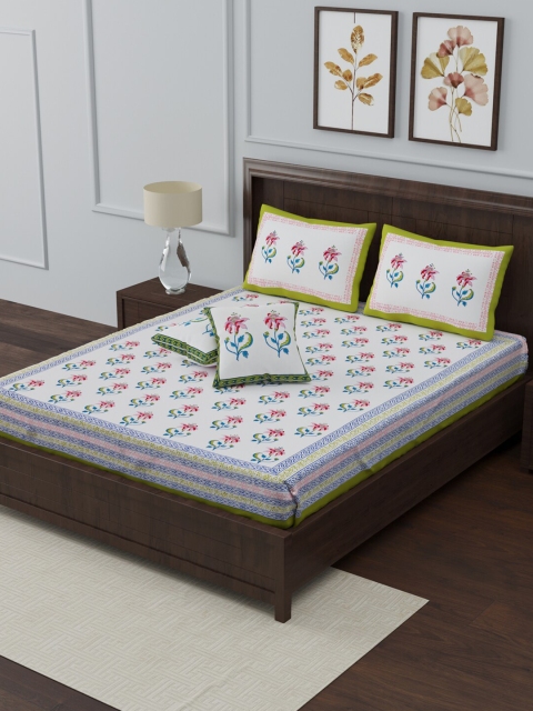 

Gulaab Jaipur White & Blue Block Printed 350 TC Cotton King Bedsheet with 2 Pillow Covers & 2 Cushion Covers