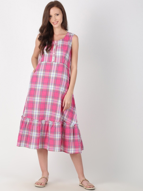 

Saffron Threads Pink & White Checked A-Line Dress