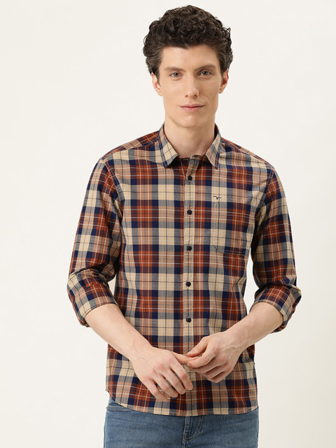 

Flying Machine Men Brown & Beige Slim Fit Checked Pure Cotton Opaque Casual Shirt