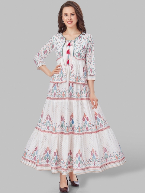 

Kiana White & Pink Floral Printed Layered Tiered Cotton Ethnic Maxi Dress