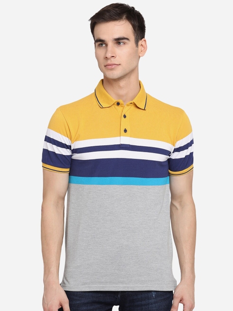 

JADE BLUE Men Grey & Mustard Yellow Striped Polo Collar Slim Fit Pure Cotton T-shirt