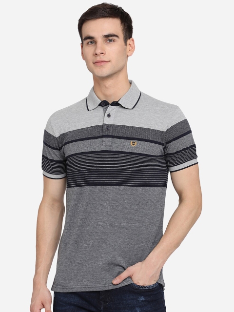 

JADE BLUE Men Grey & Black Striped Polo Collar Slim Fit Pure Cotton T-shirt