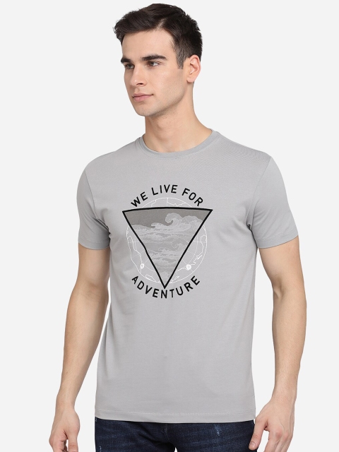

JADE BLUE Men Grey Black Typography Printed Slim Fit Pure Cotton T-shirt