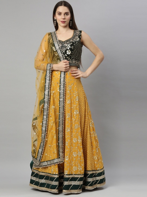 

Neerus Yellow & Black Embroidered Sequinned Ready to Wear Lehenga & Blouse With Dupatta