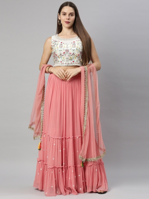 

Neerus Coral & White Embroidered Thread Work Ready to Wear Lehenga & Blouse With Dupatta