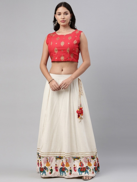 

Neerus Red & Off White Printed Beads and Stones Ready to Wear Lehenga & Blouse