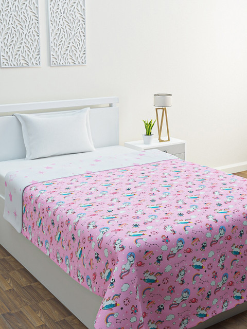 

HOME AFFAIRS Pink & White Cartoon Characters AC Room 210 GSM Reversible Single Bed Dohar