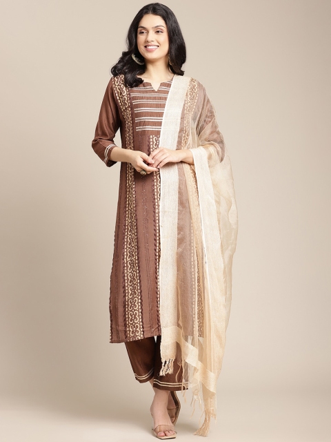 

Varanga Women Brown Floral Printed Regular Kurta with Trousers & With Dupatta