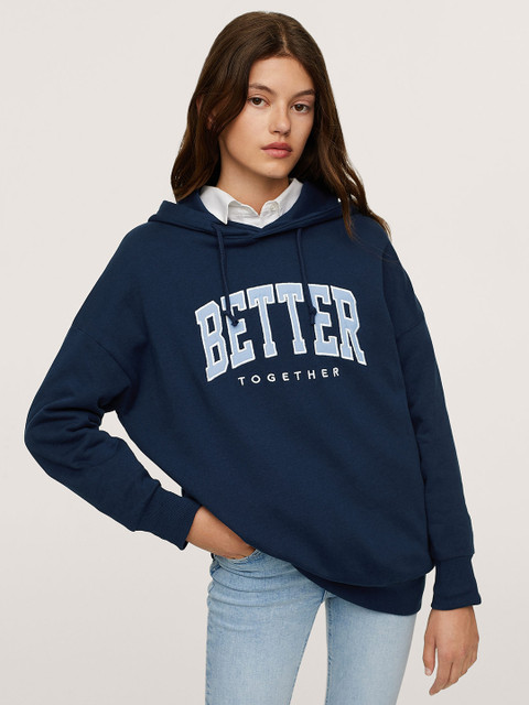 

Mango Kids Girls Navy Blue & White Embroidered Hooded Cotton Sweatshirt