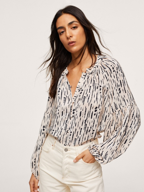 

MANGO Peach-Coloured & Black Printed Mandarin Collar Shirt Style Top