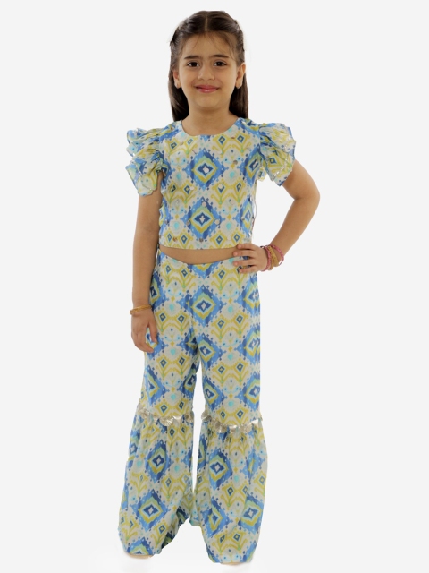 

LIL DRAMA Girls Blue & Yellow Printed Top with Palazzos