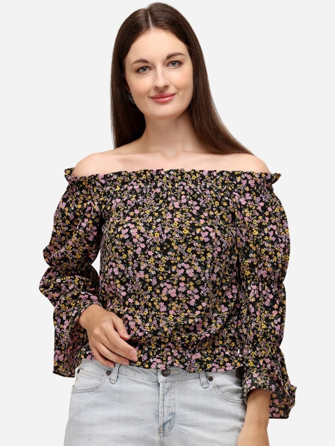 

Fbella Black & Pink Floral Off-Shoulder Bardot Top