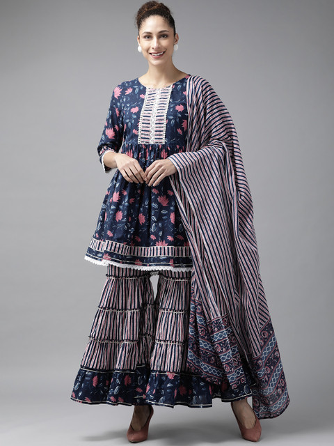 

Amirah s Women Navy Blue Ethnic Motifs Printed Panelled Pure Cotton Kurti with Sharara & With Dupatta