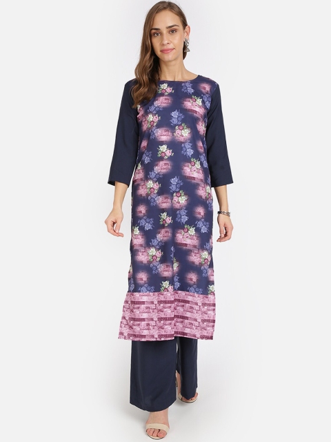 

SAADHVI Women Navy Blue & Pink Floral Printed Regular Kurta with Palazzos