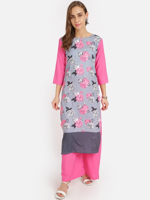 

SAADHVI Women Pink & Grey Floral Printed Regular Kurta with Palazzos