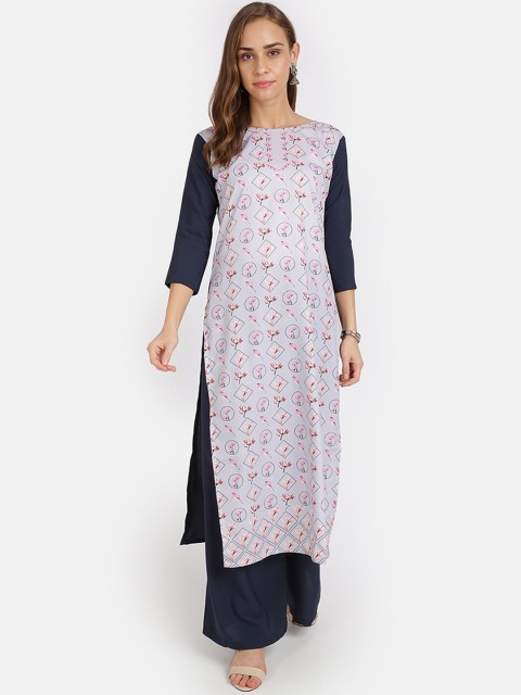 

SAADHVI Women Grey & Blue Floral Printed Regular Kurta with Palazzos