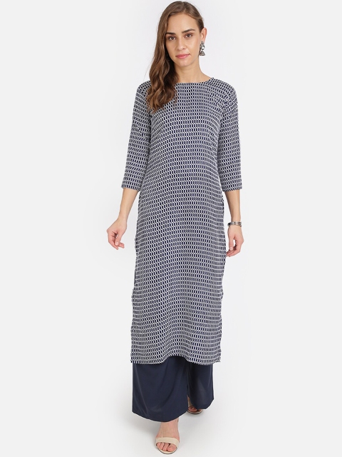 

SAADHVI Women Navy Blue & White Geometric Printed Regular Kurta with Palazzos