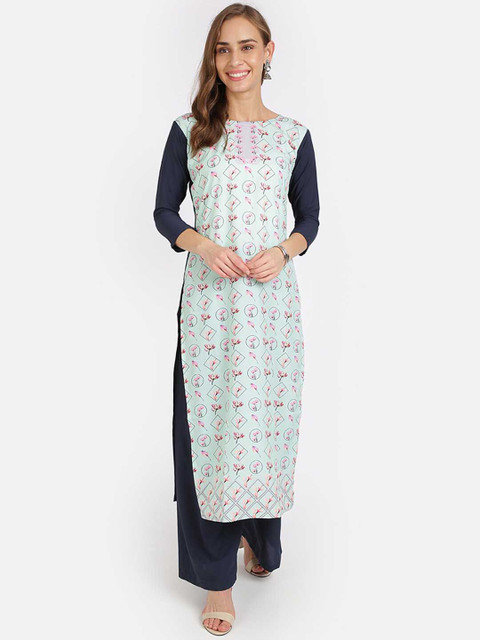 

SAADHVI Women Green & Blue Floral Printed Regular Kurta with Palazzos