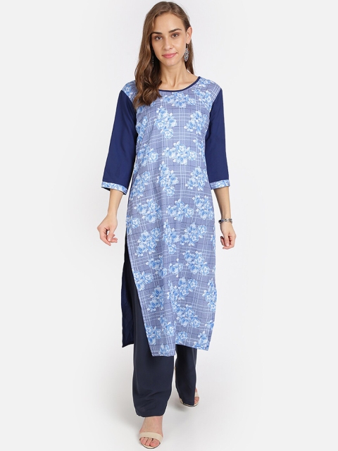 

SAADHVI Women Navy Blue & Grey Floral Printed Regular Kurta with Palazzos