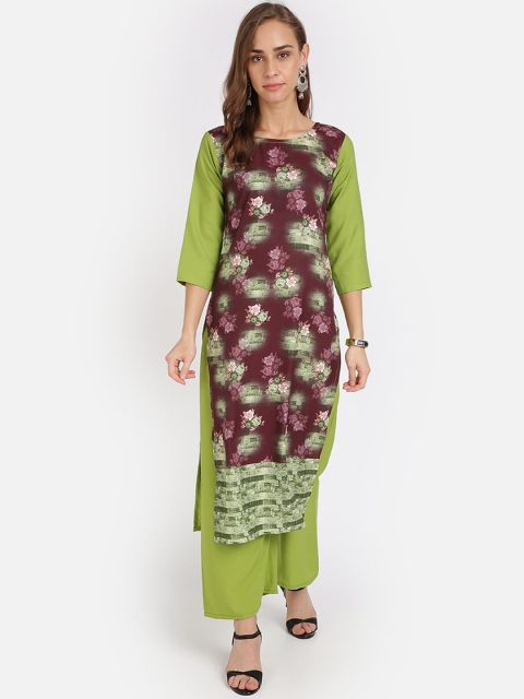 

SAADHVI Women Green & Burgundy Floral Printed Regular Kurta with Palazzos