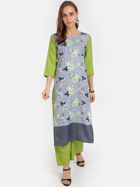 

SAADHVI Women Green & Grey Floral Printed Regular Kurta with Palazzos