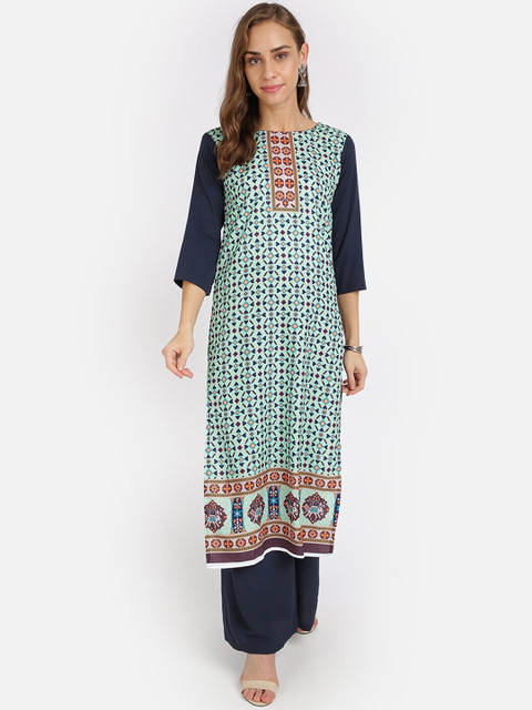 

SAADHVI Women Green & Blue Geometric Printed Regular Kurta with Palazzos