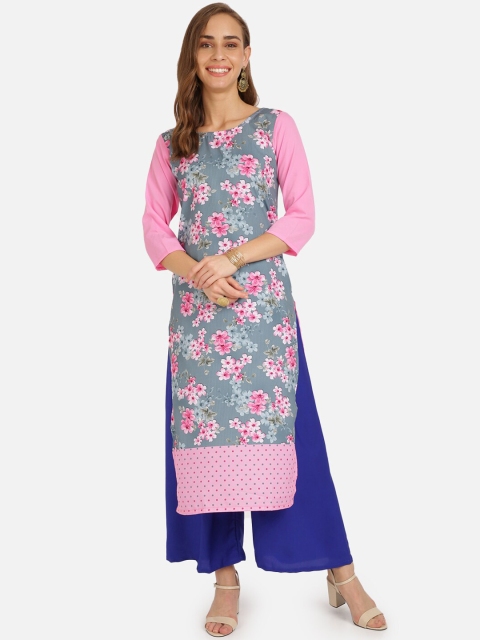 

SAADHVI Women Pink & Blue Floral Printed Regular Kurta with Palazzos