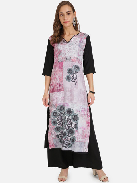 

SAADHVI Women Pink & Black Floral Printed Regular Kurta with Palazzos