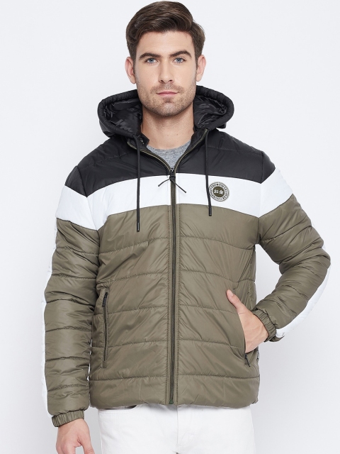 

Okane Men Olive Green and White Colourblocked Lightweight Padded Jacket