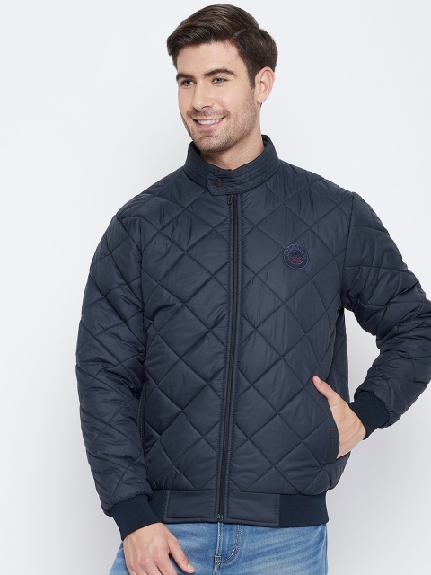 

Okane Men Navy Blue Lightweight Bomber with Patchwork Jacket