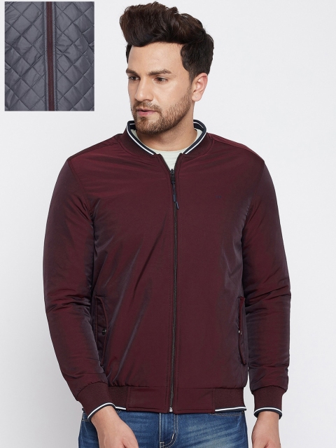 

Okane Men Grey and Burgundy Reversible Bomber Jacket with Quilted Detail