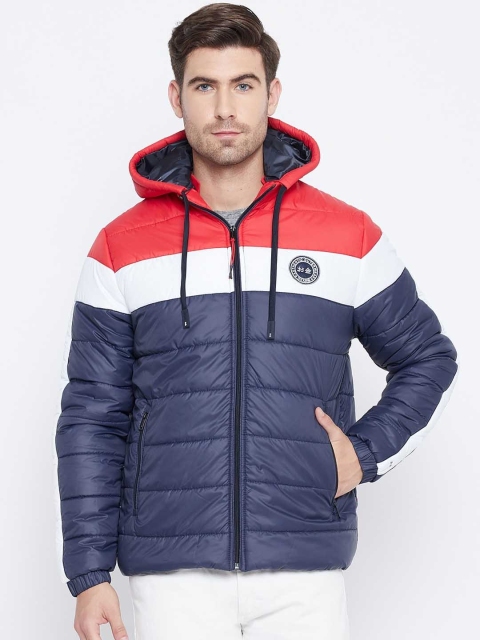 

Okane Men Navy Blue Colourblocked Lightweight Padded Jacket with Patchwork