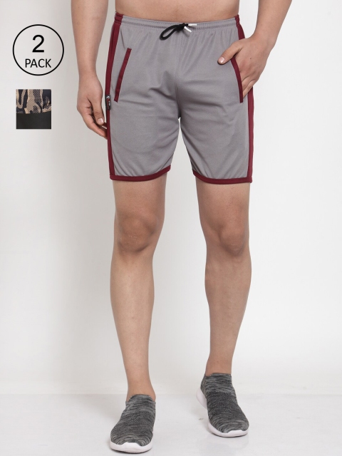 

KLOTTHE Men Pack Of 2 Colourblocked Printed Sports Shorts, Grey