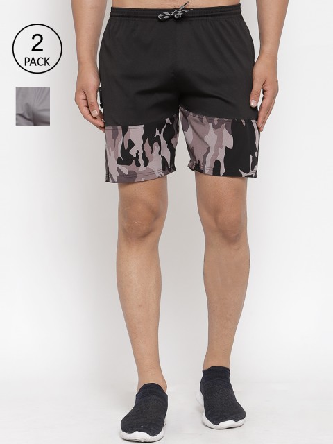 

KLOTTHE Men Pack Of 2 Colourblocked Printed Sports Shorts, Black