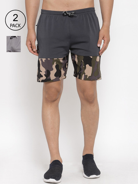 

KLOTTHE Men Pack Of 2 Colourblocked Printed Sports Shorts, Grey