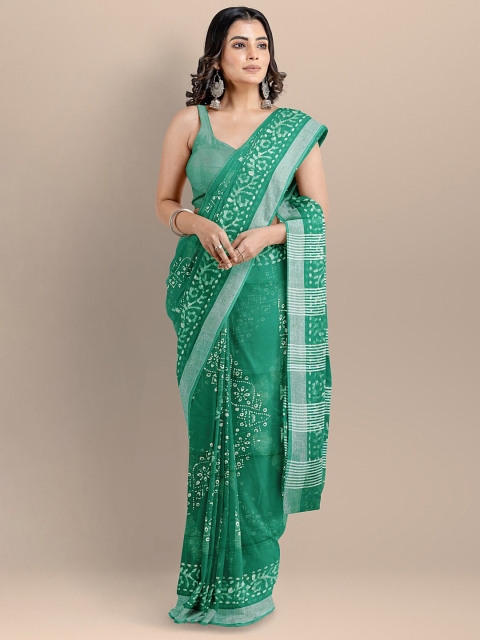 

BharatSthali Green & Cream-Coloured Silk Cotton Batik Printed Venkatagiri Handloom Saree