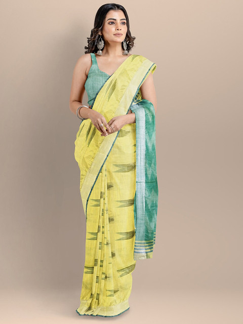 

BharatSthali Yellow & Green Pure Cotton Woven Designed Ikat Handloom Saree