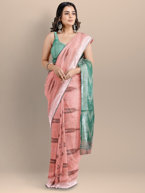 

BharatSthali Peach-Coloured & Green Pure Cotton Woven Designed Ikat Handloom Saree