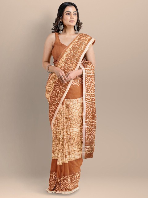 

BharatSthali Orange Silk Cotton Batik Printed Venkatagiri Handloom Saree