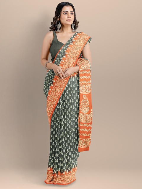 

BharatSthali Women Grey & Orange Pure Cotton Printed Handloom Saree