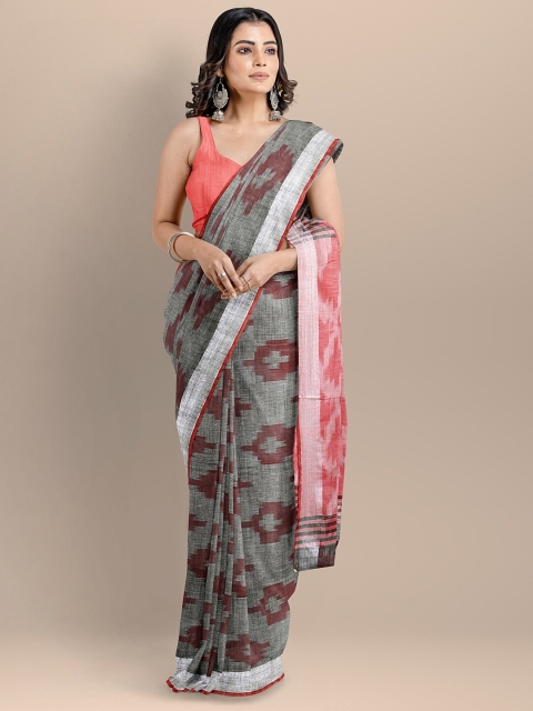 

BharatSthali Grey & Red Pure Cotton Woven Design Ikat Handloom Saree