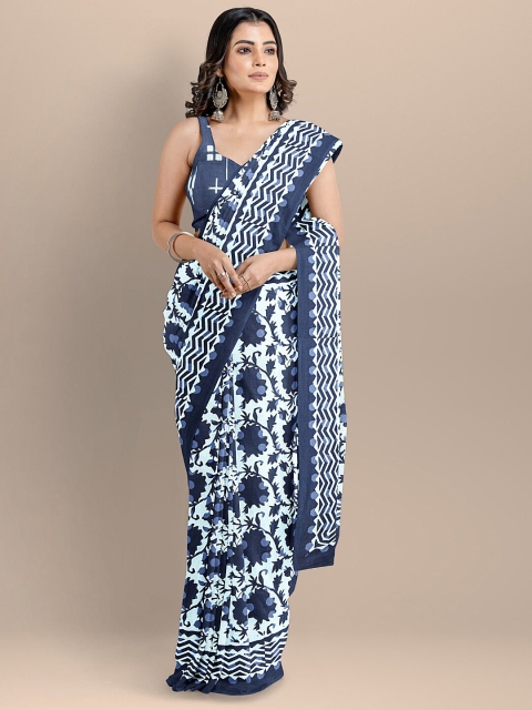 

BharatSthali Navy Blue & White Pure Cotton Printed Handloom Saree